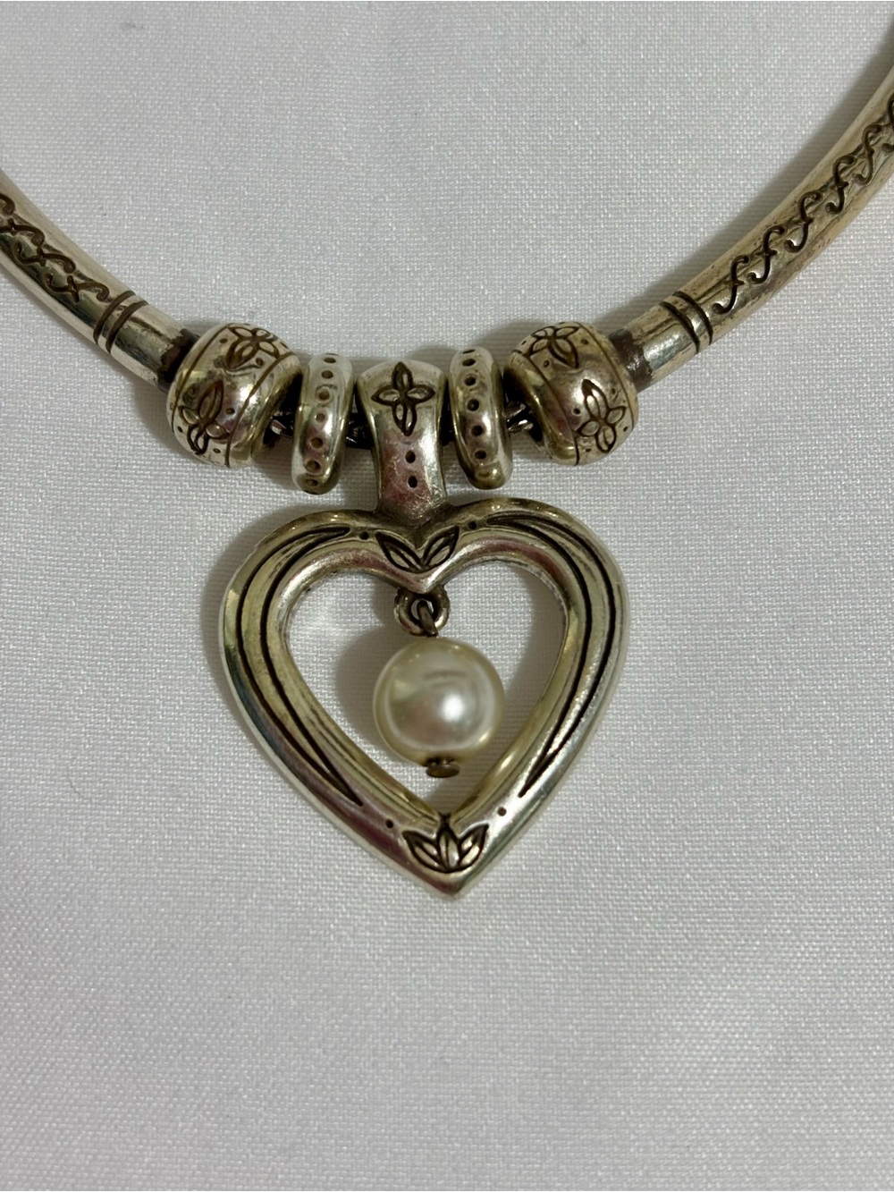 Vintage Brighton Silver plate Heart Collar Necklace with Faux Pearl Drop -16”